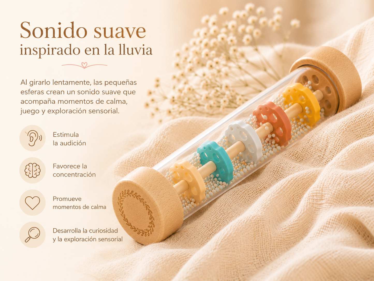 Palo de Lluvia Sensorial de Madera para Bebés | Montessori