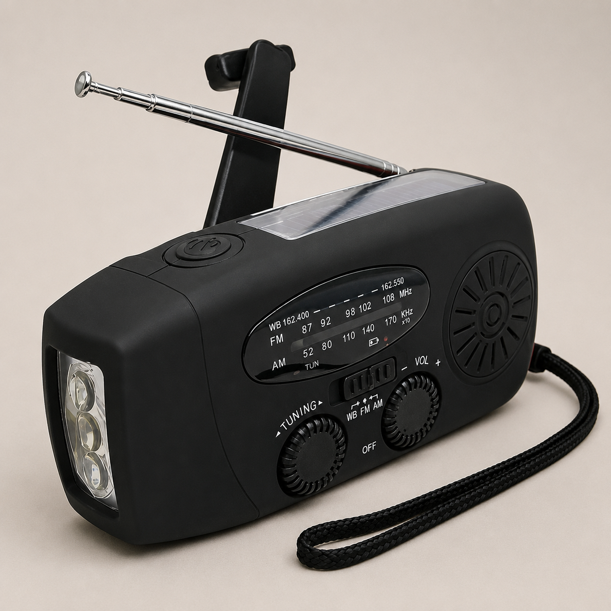 Radio de Emergencia Solar con Manivela, Linterna LED y Función Power Bank