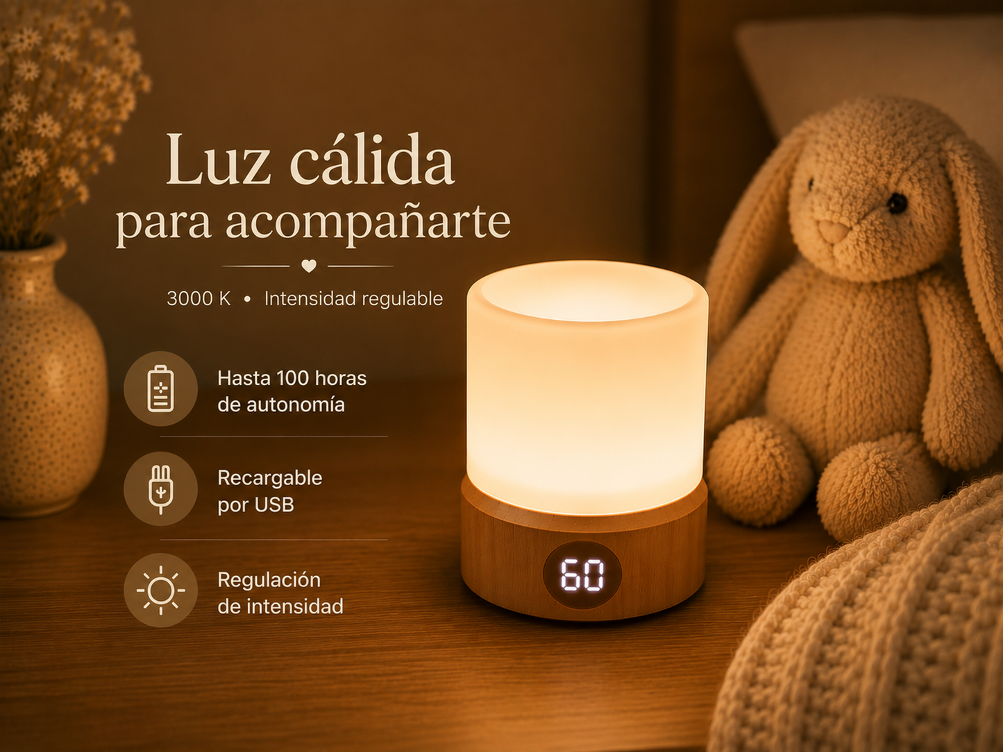 Lámpara Nocturna LED Recargable con Temporizador USB