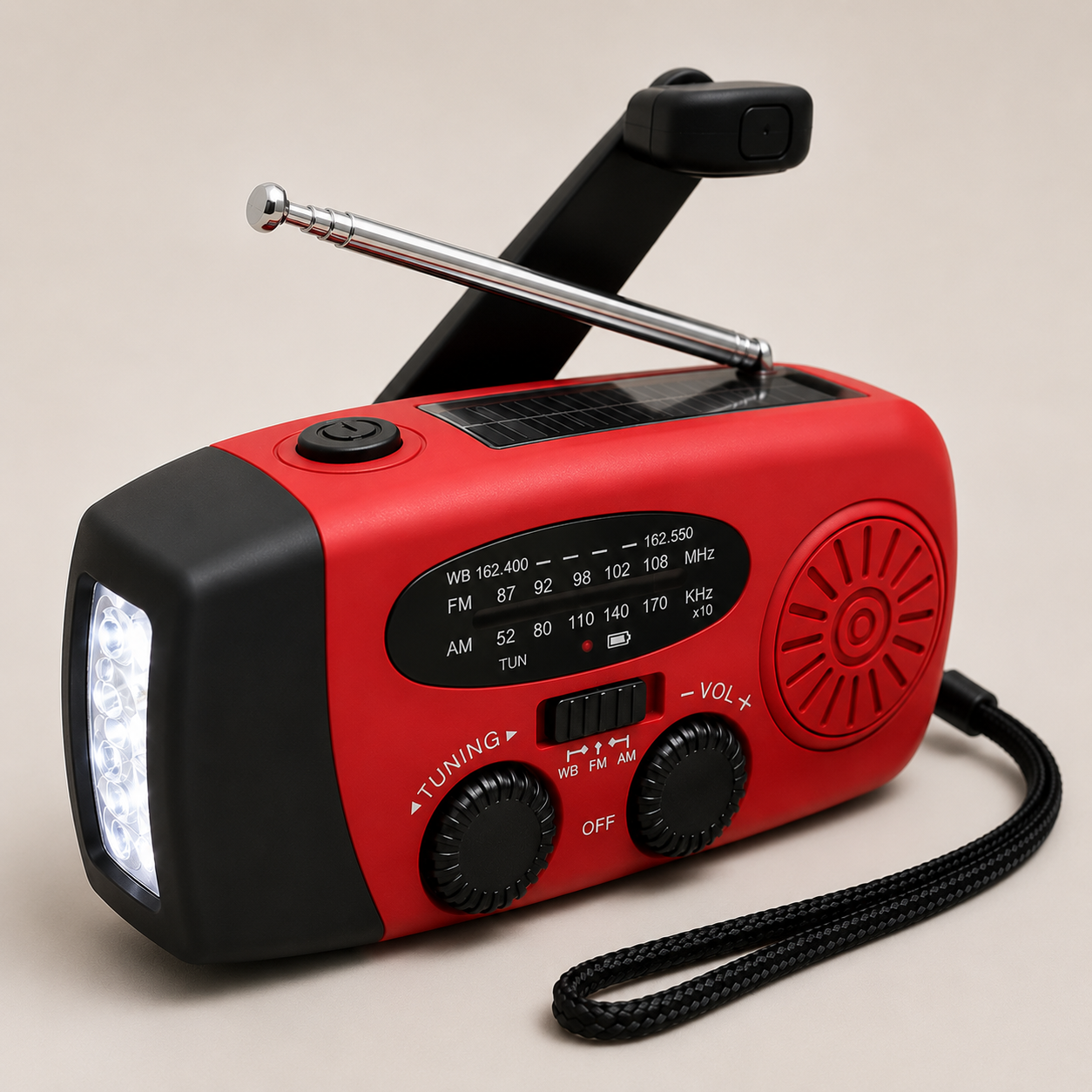Radio de Emergencia Solar con Manivela, Linterna LED y Función Power Bank