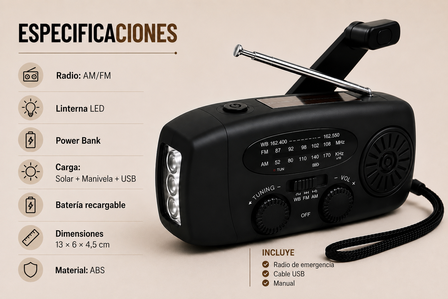 Radio de Emergencia Solar con Manivela, Linterna LED y Función Power Bank