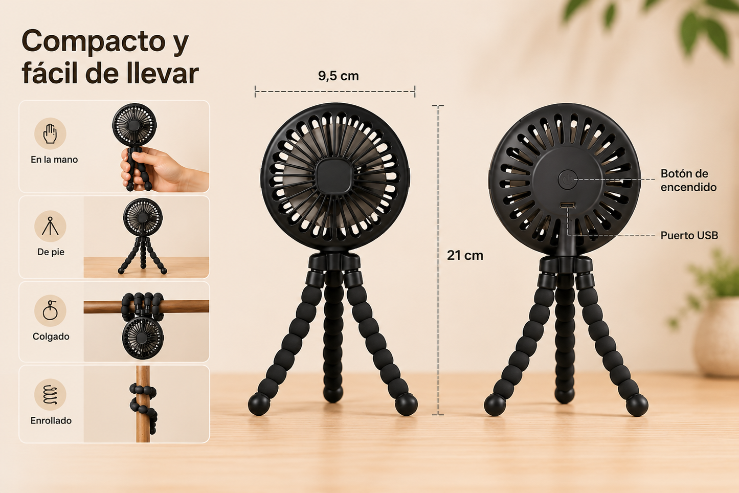 Ventilador Portátil Octopus USB Recargable con Trípode Flexible y Luz LED