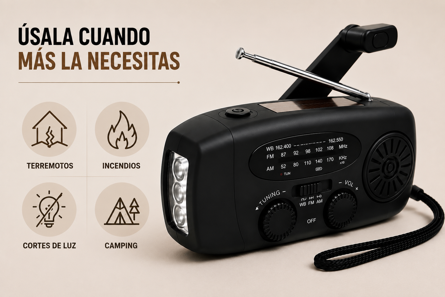 Radio de Emergencia Solar con Manivela, Linterna LED y Función Power Bank