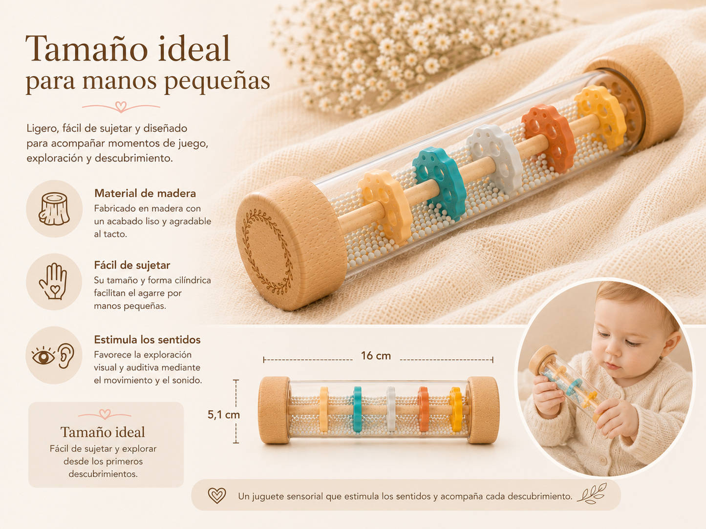 Palo de Lluvia Sensorial de Madera para Bebés | Montessori